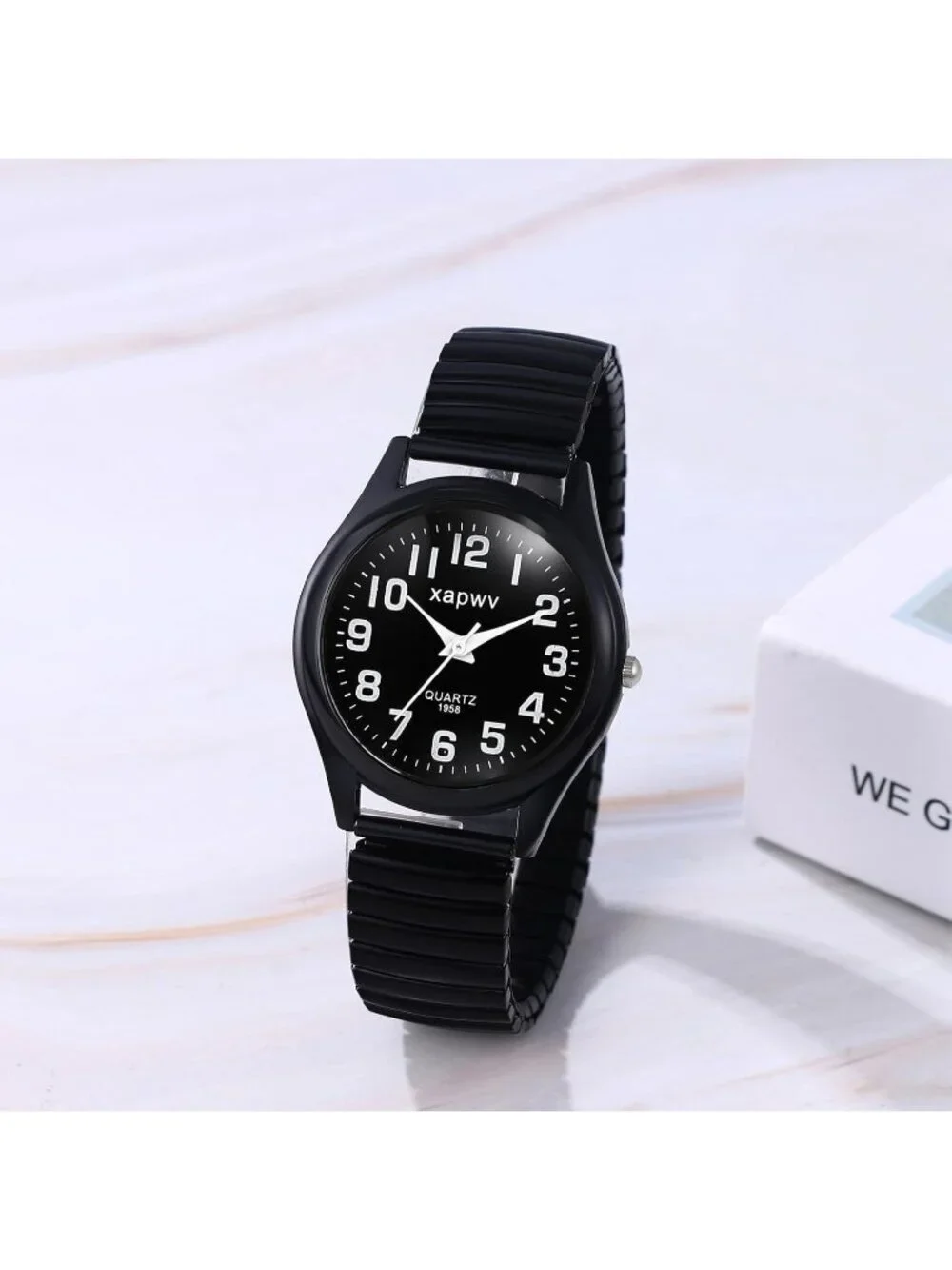 Mens Black Analog Stretch Band Couple Bangle Ultrathin Elastic Strap Wrist Watch